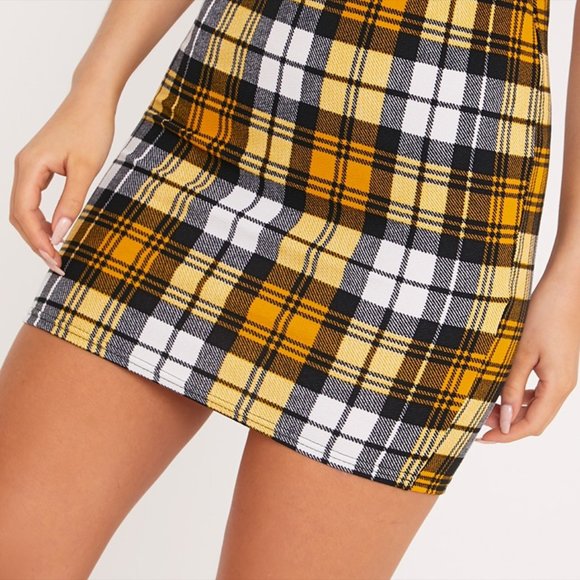 Pretty Little Thing Yellow Orange Plaid Bodycon Skirt - Picture 1 of 4